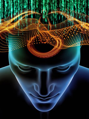 Zihin dizi elemanları. insan kafası ve sembolleri bilim, eğitim ve zihin gücü konusunda teknolojinin 3D çizimi