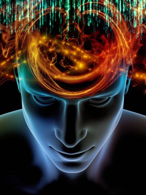 Zihin dizi elemanları. insan kafası ve sembolleri bilim, eğitim ve zihin gücü konusunda teknolojinin 3D çizimi