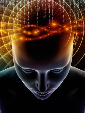 Dalgalar serisi için sorun. Arka plan insan kafası ve teknoloji sembolleri bilinç, beyin, akıl ve yapay zeka projelerde kullanılmak üzere 3d çizimi yapılmış