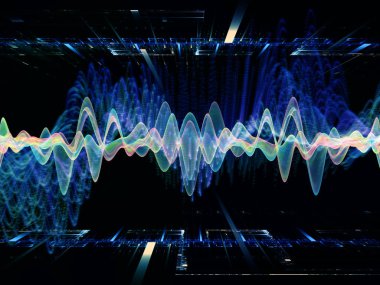 Dalga Fonksiyonu serisi. Ses eşitleyici, müzik spektrumu ve kuantum olasılığının metaforu olarak renkli sinüs titreşimleri, ışık ve fraktal elementlerden oluşan tasarım