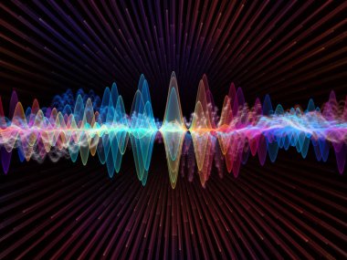 Dalga Fonksiyonu serisi. Ses eşitleyici, müzik spektrumu ve kuantum olasılığı üzerine renkli sinüs titreşimleri, ışık ve fraktal elementlerin arkaplanı