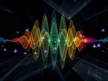 Dalga Fonksiyonu serisi. Ses eşitleyici, müzik spektrumu ve kuantum olasılığı üzerine tasarımınızı tamamlamak için renkli sinüs titreşimleri, ışık ve fraktal elementlerin arkaplanı