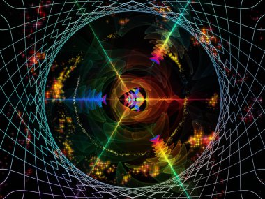 Dalga Fonksiyonu serisi. Ses eşitleyici, müzik spektrumu ve kuantum olasılığı için renkli sinüs titreşimleri, ışık ve fraktal elementlerin grafiksel bileşimi