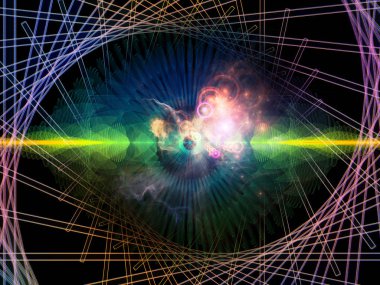 Dalga Fonksiyonu serisi. Ses eşitleyici, müzik spektrumu ve kuantum olasılığıyla ilgili projeler için arkaplan görevi görecek renkli sinüs titreşimleri, ışık ve fraktal elementlerden oluşan tasarım