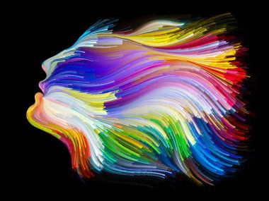 Yüz renk serisi. İnsan profili ve yaratıcılık, tasarım, iç dünya, içgüdü ve sanatsal ruh konusunda boya hareketli renkli çizgiler soyut tasarım yapılmış