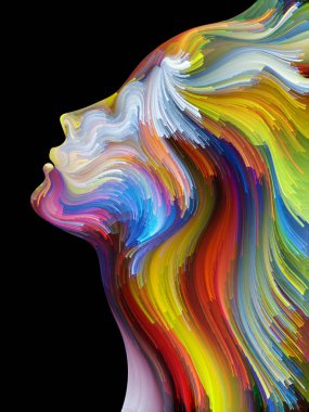 Yüz renk serisi. Zemin insan profili ve yaratıcılık, tasarım, iç dünya, içgüdü ve sanatsal ruh konusunda boya hareketli renkli çizgiler