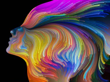 Yüz renk serisi. Sanatsal soyutlama insan profili ve yaratıcılık, tasarım, iç dünya, içgüdü ve sanatsal ruh konusunda boya hareketli renkli çizgiler oluşur