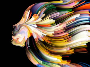 Yüz renk serisi. İnsan profili ve yaratıcılık, tasarım, iç dünya, içgüdü ve sanatsal ruh konusunda boya hareketli renkli çizgiler bileşimi