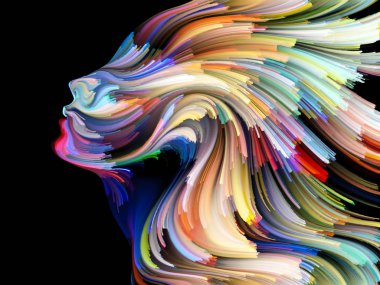 Yüz renk serisi. İnsan profili ve yaratıcılık, tasarım, iç dünya, içgüdü ve sanatsal ruh konusunda boya hareketli renkli çizgiler soyut tasarım yapılmış