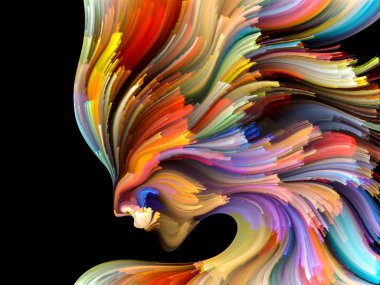 Yüz renk serisi. İnsan profili ve boya bir kavramı mecaz yaratıcılık, tasarım, iç dünya, insan doğası ve sanatsal ruhu konuda hareketli renkli çizgiler yaratıcı düzenleme