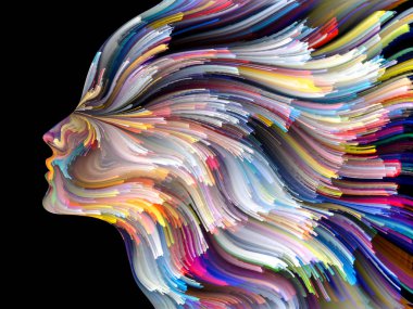 Yüz renk serisi. Tasarım projeleri için fon olarak hizmet etmek için insan profili ve boya hareketli renkli çizgiler yapılmış yaratıcılık, tasarım, iç dünya, içgüdü ve sanatsal ruhu ile ilgili