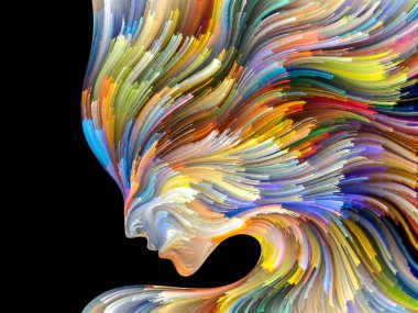 Yüz renk serisi. Zemin tasarımı insan profili ve boya işleri yaratıcılık, tasarım, iç dünya, insan doğası ve sanatsal ruhu için hareketli renkli çizgiler