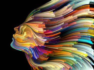 Yüz renk serisi. İnsan profili ve projelerde yaratıcılık, tasarım, iç dünya, içgüdü ve sanatsal ruhu için boya hareketli renkli çizgiler bileşimi