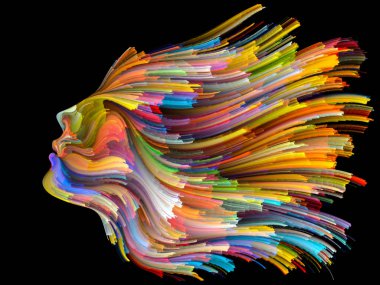 Yüz renk serisi. İnsan profili ve boya uygun yaratıcılık, tasarım, iç dünya, içgüdü ve sanatsal ruhu ile ilgili projelerde hareketli renkli çizgiler soyut kompozisyon