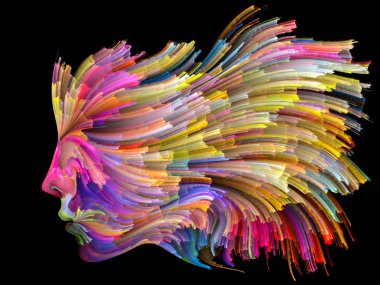 Yüz renk serisi. İnsan profili ve yaratıcılık, tasarım, iç dünya, içgüdü ve sanatsal ruh konusunda boya hareketli renkli çizgiler bileşimi