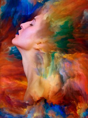 Dış serinin içinde. Duygular, duygular, iç dünya, yaratıcılık ve hayal gücü konularında bir metafor olarak kadın portresiyle birleştirilmiş bir tasarım.