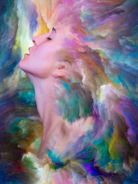 Dış serinin içinde. Kadın portresinin arka planı duygular, duygular, iç dünya, yaratıcılık ve hayal gücü üzerine canlı boyalar ile kaynaştırılmış.