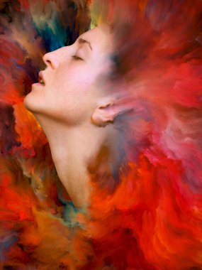 Dünya serisi. Duygular, duygular, iç dünya, yaratıcılık ve hayal gücü üzerine projeler için uygun bir zemin olarak canlı boyayla kaynaştırılmış kadın portresinin bileşimi