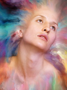 Dünya serisi. Duygular, duygular, iç dünya, yaratıcılık ve hayal gücü üzerine projeler için uygun bir zemin olarak canlı boyayla kaynaştırılmış kadın portresinin bileşimi