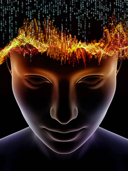 Серия Mind Waves. Фон состоит из трехмерной иллюстрации человеческой головы и технологических символов и подходит для использования в проектах по сознанию, мозгу, интеллекту и искусственному интеллекту
