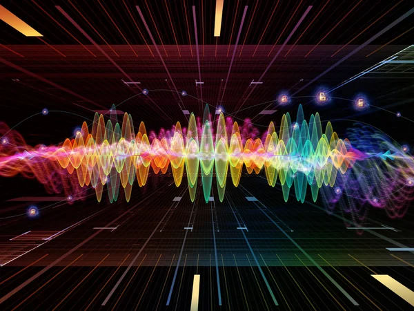 波函数系列 彩色正弦振动 光和分形元素在声均衡器 音乐谱和量子概率问题上的抽象设计 — 图库照片