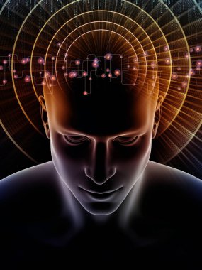 Dalgalar serisi için sorun. Yaratıcı insan kafası ve teknoloji simgeler 3d çizimi konuda bilinç, beyin, akıl ve yapay zeka kavramı mecaz olarak düzenlenmesi