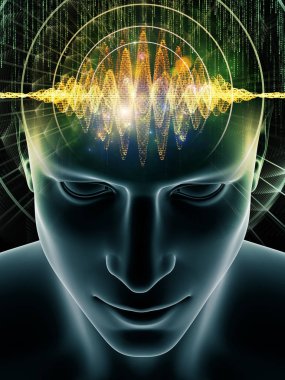 Dalgalar serisi için sorun. Soyut Tasarım insan kafası ve bilinç, beyin, akıl ve yapay zeka konusunda teknoloji simgeler 3d çizimi yapılmış