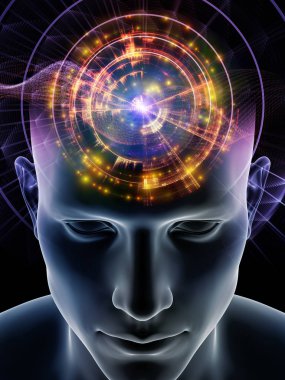 Mind Waves series. Composition of 3D illustration of human head and technology symbols suitable as a backdrop for the projects on consciousness, brain, intellect and artificial intelligence clipart