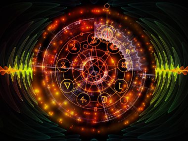 Astral kızdırma serisi. Tasarım maneviyat, büyü ve Tasavvuf konusunda bir metafor olarak kutsal geometri hatları, Astroloji sembolleri ve ışıklar oluşur
