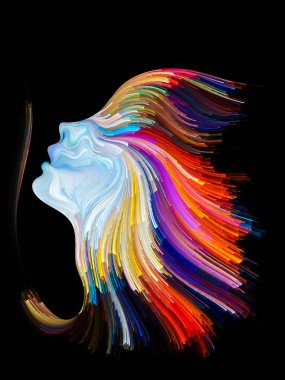 Yüz renk serisi. Arka plan tasarım insan profili ve yaratıcılık, tasarım, iç dünya, içgüdü ve sanatsal ruh konusunda boya hareketli renkli çizgiler