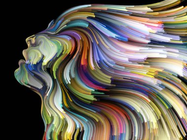 Renk serisinin yüzü. İnsan profilinin düzenlenmesi ve yaratıcılık, tasarım, iç dünya, insan doğası ve sanatsal ruh konularında renkli çizgiler