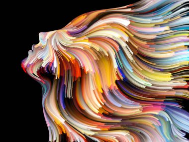 Yüz renk serisi. İnsan profili ve yaratıcılık, tasarım, iç dünya, içgüdü ve sanatsal ruh konusunda boya hareketli renkli çizgiler bileşimi