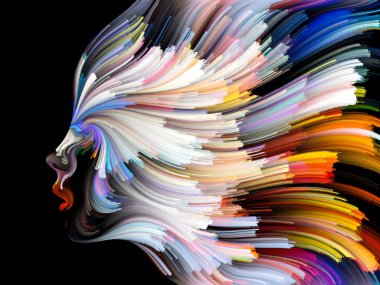 Yüz renk serisi. İnsan profili ve yaratıcılık, tasarım, iç dünya, içgüdü ve sanatsal ruh konusunda boya hareketli renkli çizgiler soyut tasarım yapılmış