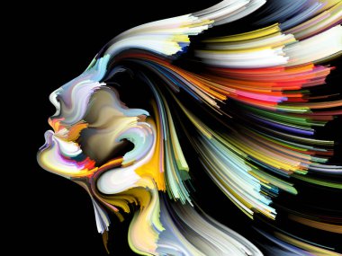 Yüz renk serisi. Arka plan tasarım insan profili ve yaratıcılık, tasarım, iç dünya, içgüdü ve sanatsal ruh konusunda boya hareketli renkli çizgiler