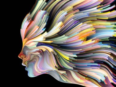 Yüz renk serisi. Zemin insan profili ve yaratıcılık, tasarım, iç dünya, içgüdü ve sanatsal ruh konusunda boya hareketli renkli çizgiler