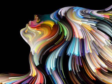 Yüz renk serisi. Sanatsal soyutlama insan profili ve yaratıcılık, tasarım, iç dünya, içgüdü ve sanatsal ruh konusunda boya hareketli renkli çizgiler oluşur