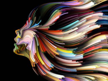 Yüz renk serisi. Sanatsal soyutlama insan profili ve yaratıcılık, tasarım, iç dünya, içgüdü ve sanatsal ruh konusunda boya hareketli renkli çizgiler oluşur