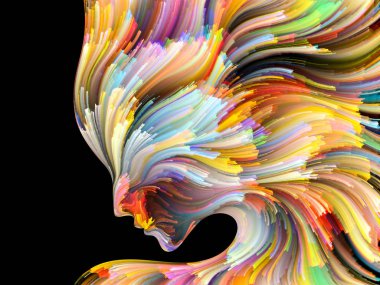 Yüz renk serisi. İnsan profili ve yaratıcılık, tasarım, iç dünya, içgüdü ve sanatsal ruhu projelerde kullanılmak üzere boya hareketli renkli çizgiler arka plan yapılmış