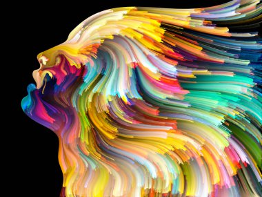 Yüz renk serisi. Zemin insan profili ve boya hareketli renkli çizgiler oluşmaktadır ve yaratıcılık, tasarım, iç dünya, içgüdü ve sanatsal ruhu projelerde kullanıma uygun