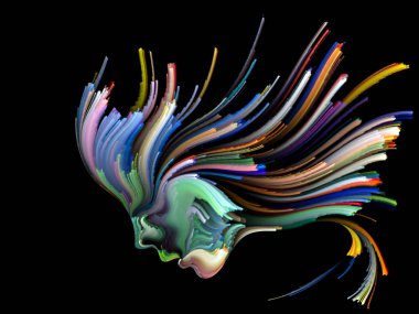 Yüz renk serisi. Arka plan kompozisyon insan profili ve yaratıcılık, tasarım, iç dünya, içgüdü ve sanatsal ruh konusunda boya hareketli renkli çizgiler