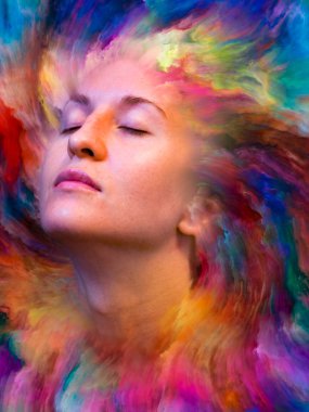 Dış serinin içinde. Kadın portresinin soyut bileşimi duygular, duygular, iç dünya, yaratıcılık ve hayal gücüyle ilgili projelere uygun canlı boyayla kaynaştırılmış.