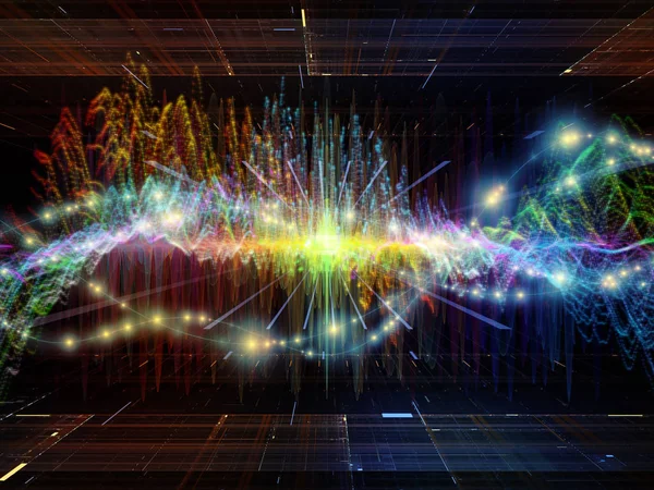 波函数系列 由彩色正弦振动 光和分形元素组成的抽象背景 用于声音均衡器 音乐频谱和量子概率等项目 — 图库照片