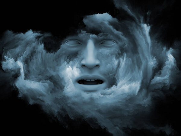 Mind Fog series. 3D rendering of human face morphed with fractal paint as a concept metaphor on subject of inner world, dreams, emotions, creativity, imagination and human mind