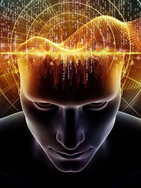 Dalgalar serisi için sorun. İnsan kafası ve bilinç, beyin, akıl ve yapay zeka konusunda teknoloji simgeler 3d çizimi sanatsal soyutlama oluşan