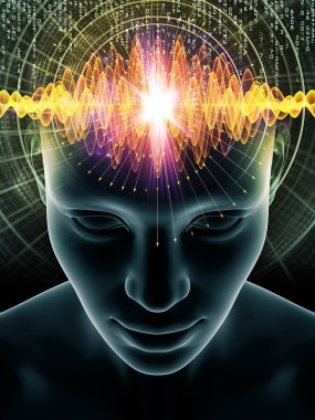 Zihin Dalgaları serisi. İnsan kafası ve teknoloji sembollerinin soyut düzenlenmesi bilinç, beyin, zeka ve yapay zeka projeleri için uygundur.