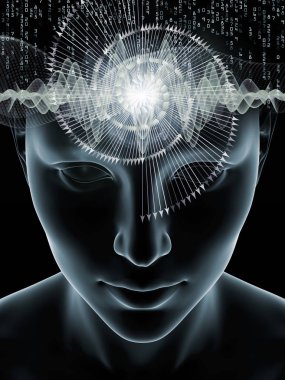 Dalgalar serisi için sorun. İnsan kafası ve teknoloji sembolleri bilinç, beyin, akıl ve yapay zeka ile ilgili projelerde uygun 3d çizimi soyut kompozisyon