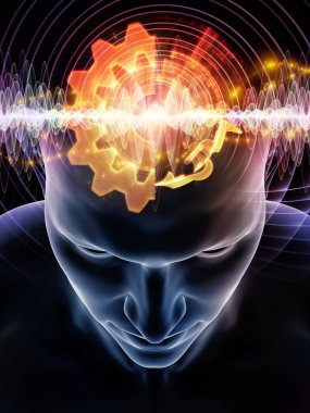 Dalgalar serisi için sorun. İnsan kafası ve teknoloji sembolleri uygun bir zemin olarak bilinç, beyin, akıl ve yapay zeka üzerinde projeler için 3d çizimi bileşimi