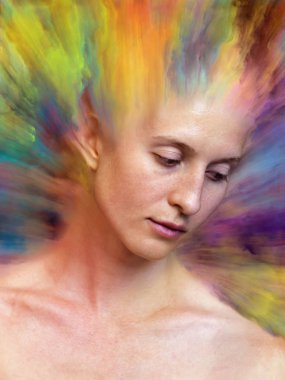 Dünya serisi. Duygular, duygular, iç dünya, yaratıcılık ve hayal gücü konularında kadın portresiyle birleştirilmiş soyut tasarım.