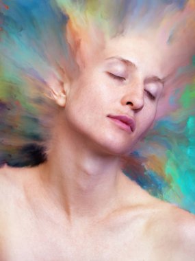 Dünya serisi. Kadın portresinin arka plan tasarımı duygular, duygular, iç dünya, yaratıcılık ve hayal gücü üzerine canlı boyalar ile kaynaştırılmış.