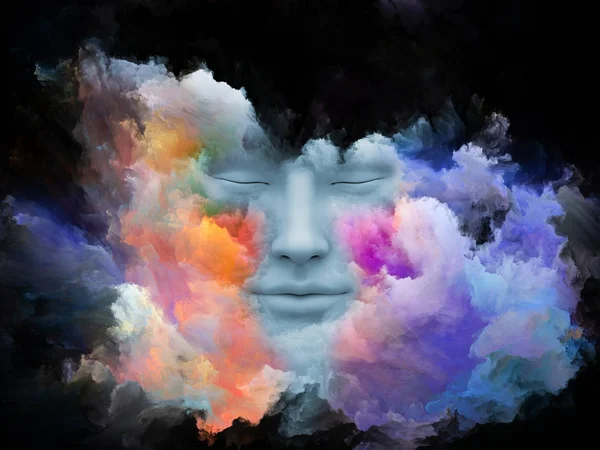 Mind Fog series. 3D rendering of human face morphed with fractal paint on the subject of inner world, dreams, emotions, creativity, imagination and human mind